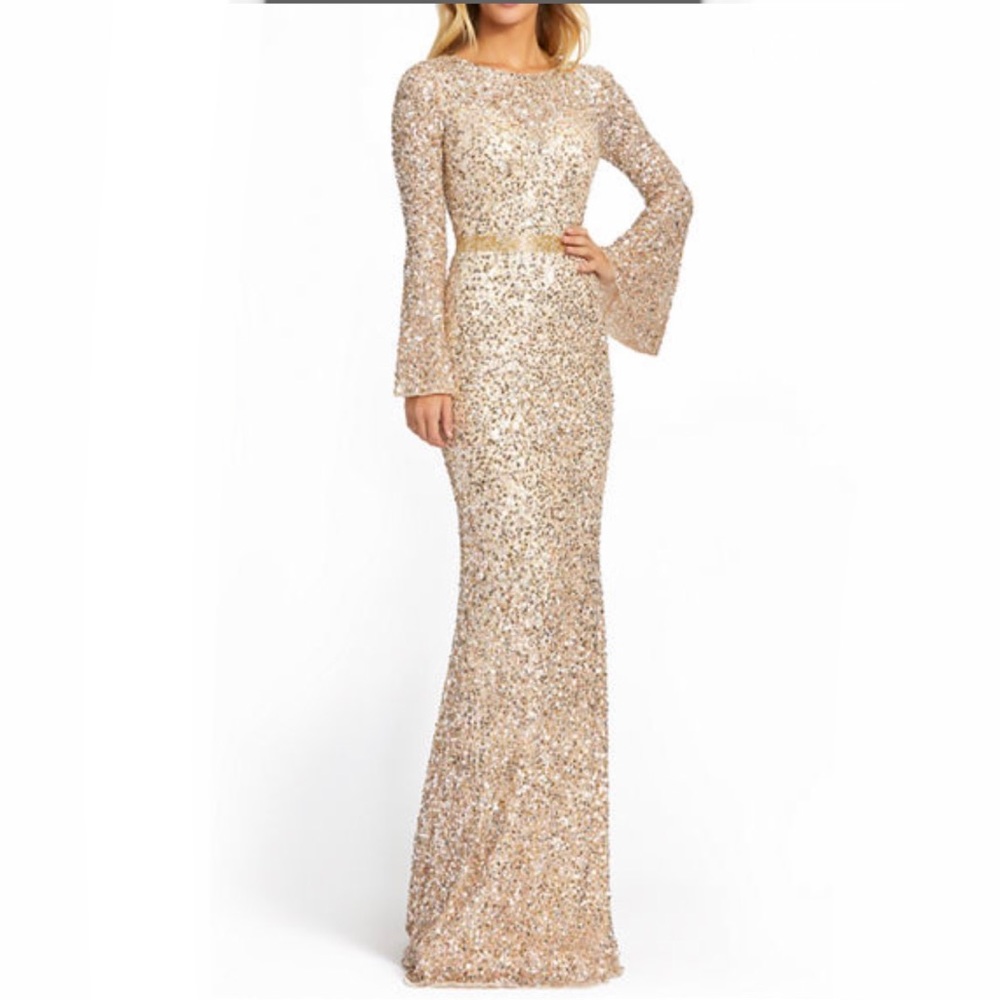 Mac Duggal Long Sleeves Embellished Sparkly Sequin Column Open Back Gown Size 8
